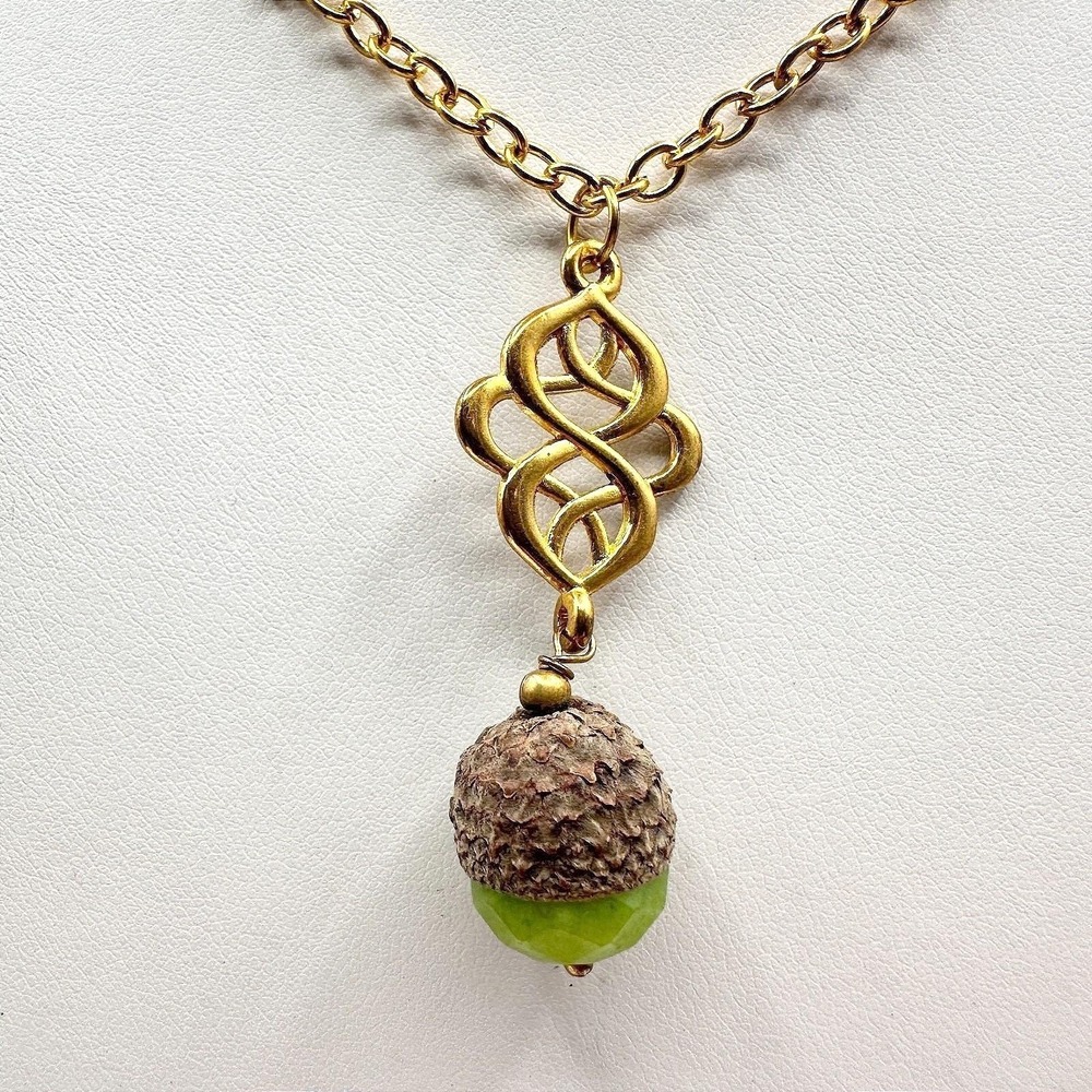 Vintage Acorn Pendant Necklace Gold Tone Celtic Knot Green Beaded Nature Y2K 90s